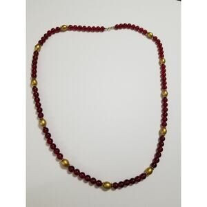 Bright red beaded necklace 25" goldtone n162*
